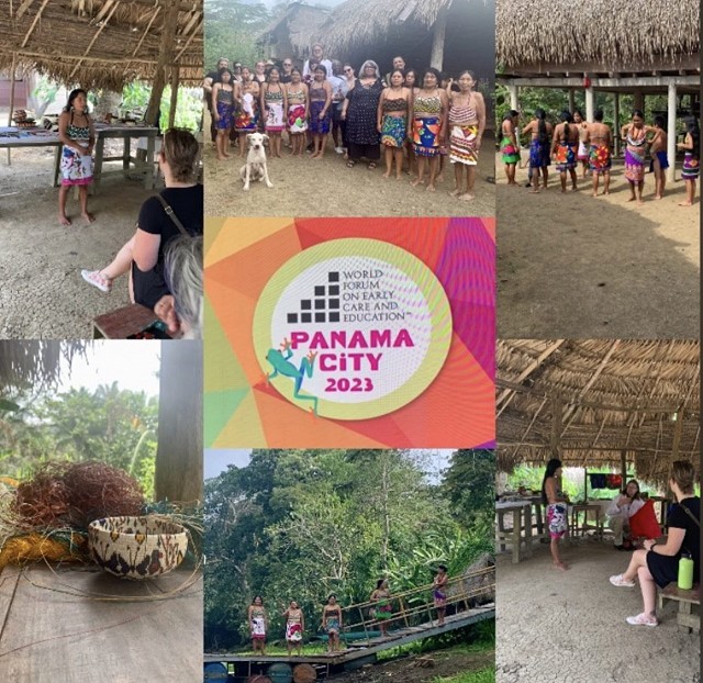 a collage of images. a group of people meeting in a traditional Wounaan hut